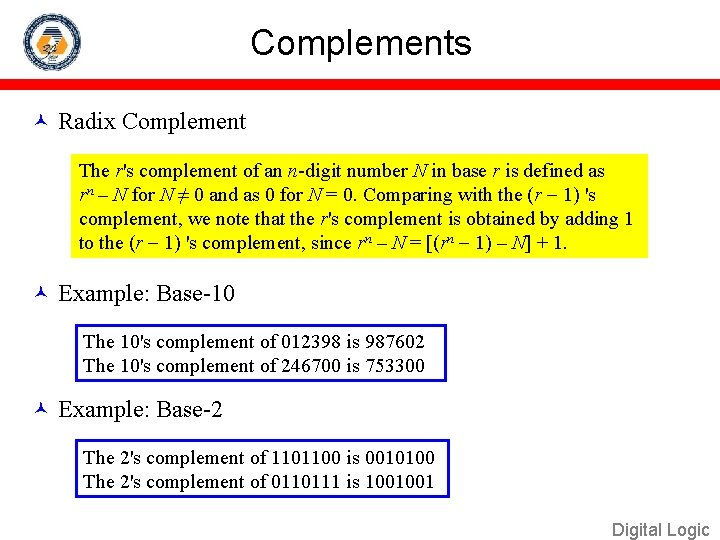 Complements Radix Complement The r's complement of an n-digit number N in base r