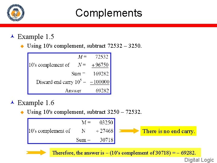Complements Example 1. 5 u Using 10's complement, subtract 72532 – 3250. Example 1.