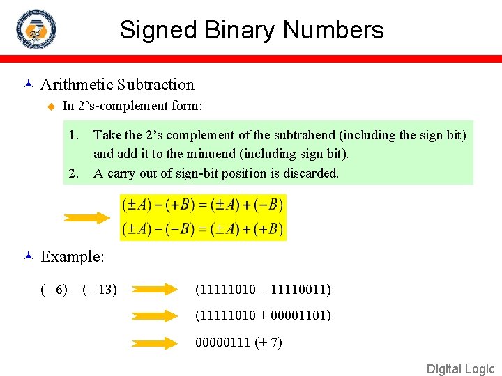 Signed Binary Numbers Arithmetic Subtraction u In 2’s-complement form: 1. 2. Take the 2’s