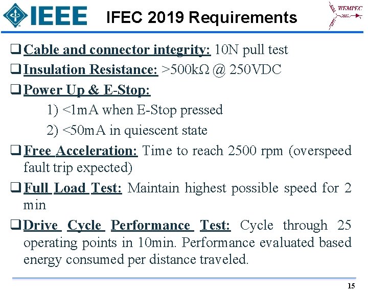 IFEC 2019 Requirements q Cable and connector integrity: 10 N pull test q Insulation