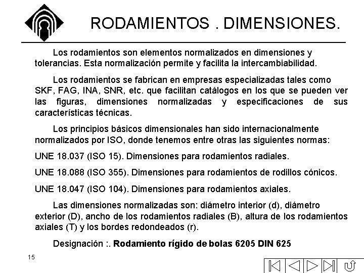 RODAMIENTOS. DIMENSIONES. Los rodamientos son elementos normalizados en dimensiones y tolerancias. Esta normalización permite RODAMIENTOS. DIMENSIONES. Los rodamientos son elementos normalizados en dimensiones y tolerancias. Esta normalización permite