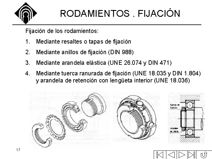 RODAMIENTOS. FIJACIÓN Fijación de los rodamientos: 1. Mediante resaltes o tapas de fijación 2. RODAMIENTOS. FIJACIÓN Fijación de los rodamientos: 1. Mediante resaltes o tapas de fijación 2.
