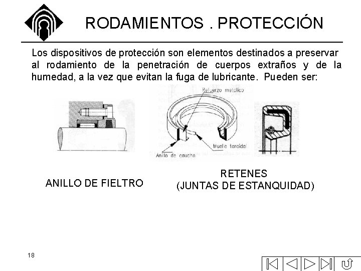 RODAMIENTOS. PROTECCIÓN Los dispositivos de protección son elementos destinados a preservar al rodamiento de RODAMIENTOS. PROTECCIÓN Los dispositivos de protección son elementos destinados a preservar al rodamiento de