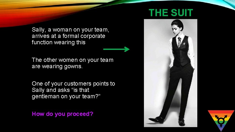 THE SUIT Sally, a woman on your team, arrives at a formal corporate function