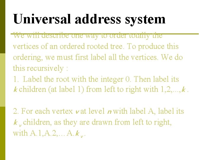 Universal address system We will describe one way to order totally the vertices of