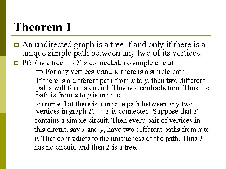 Theorem 1 p p An undirected graph is a tree if and only if