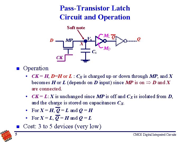 Pass-Transistor Latch Circuit and Operation Soft note D MP X ML Q Vx Cx