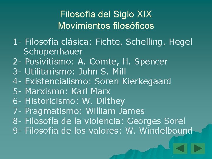Filosofía del Siglo XIX Movimientos filosóficos 1 - Filosofía clásica: Fichte, Schelling, Hegel Schopenhauer