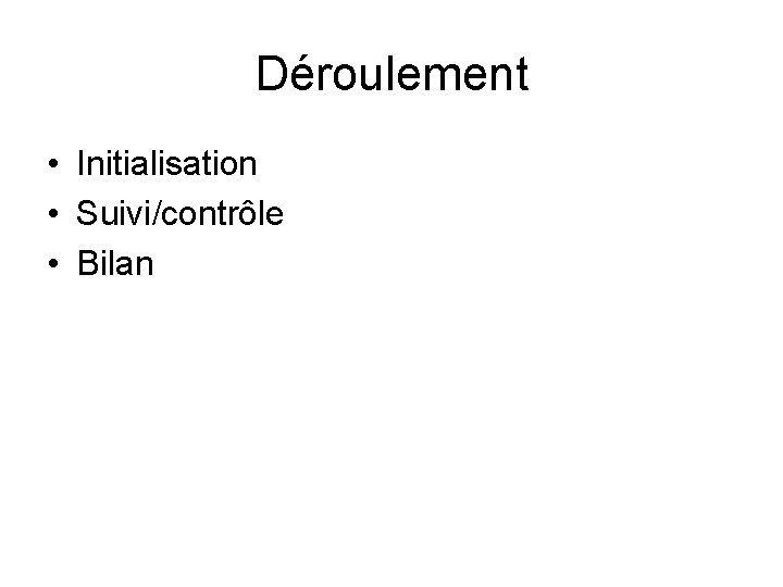 Déroulement • Initialisation • Suivi/contrôle • Bilan 