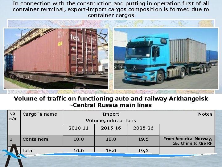 In connection with the construction and putting in operation first of all container terminal,