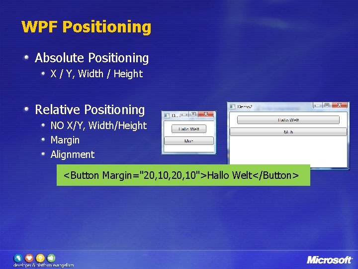 WPF Positioning Absolute Positioning X / Y, Width / Height Relative Positioning NO X/Y,