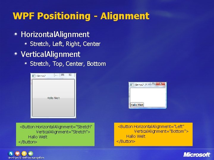 WPF Positioning - Alignment Horizontal. Alignment Stretch, Left, Right, Center Vertical. Alignment Stretch, Top,