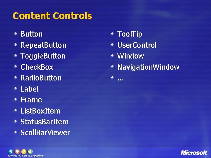 Content Controls Button Repeat. Button Toggle. Button Check. Box Radio. Button Label Frame List.