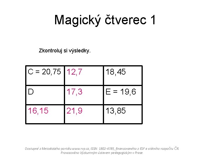 Magický čtverec 1 Zkontroluj si výsledky. C = 20, 75 12, 7 18, 45