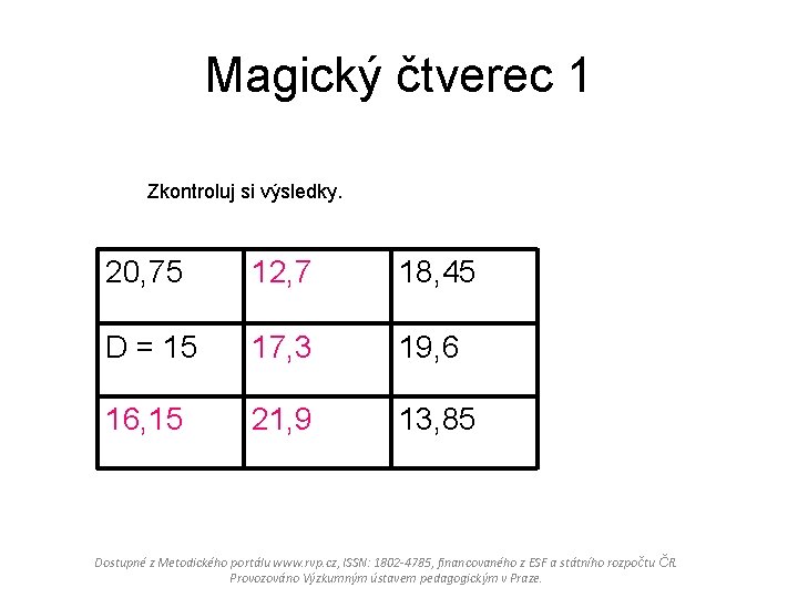 Magický čtverec 1 Zkontroluj si výsledky. 20, 75 12, 7 18, 45 D =