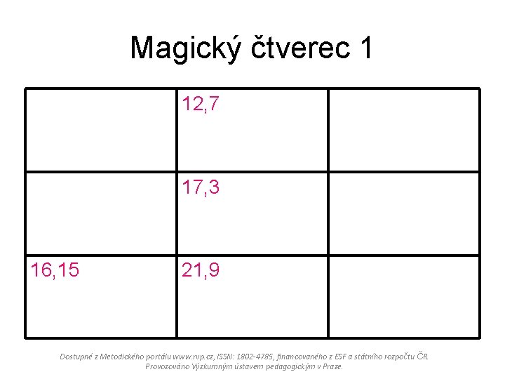 Magický čtverec 1 12, 7 17, 3 16, 15 21, 9 Dostupné z Metodického