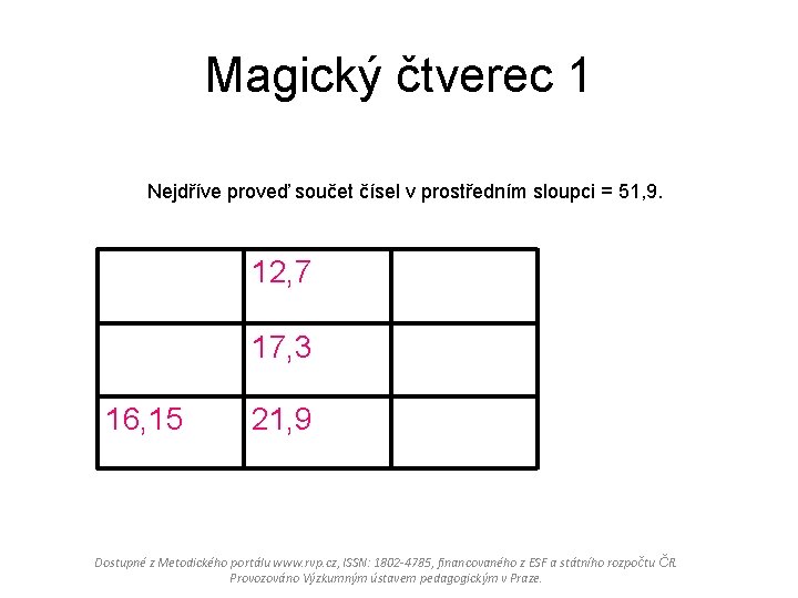 Magický čtverec 1 Nejdříve proveď součet čísel v prostředním sloupci = 51, 9. 12,