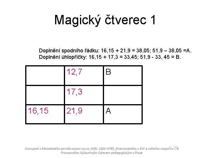 Magický čtverec 1 Doplnění spodního řádku: 16, 15 + 21, 9 = 38, 05;