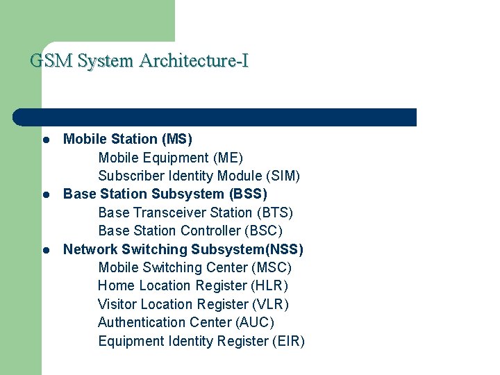 GSM System Architecture-I l l l Mobile Station (MS) Mobile Equipment (ME) Subscriber Identity
