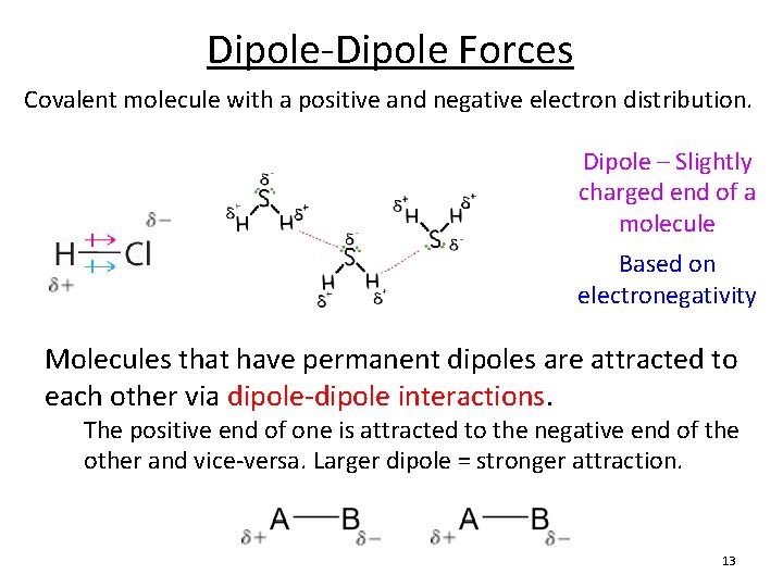 Dipole-Dipole Forces Covalent molecule with a positive and negative electron distribution. Dipole – Slightly