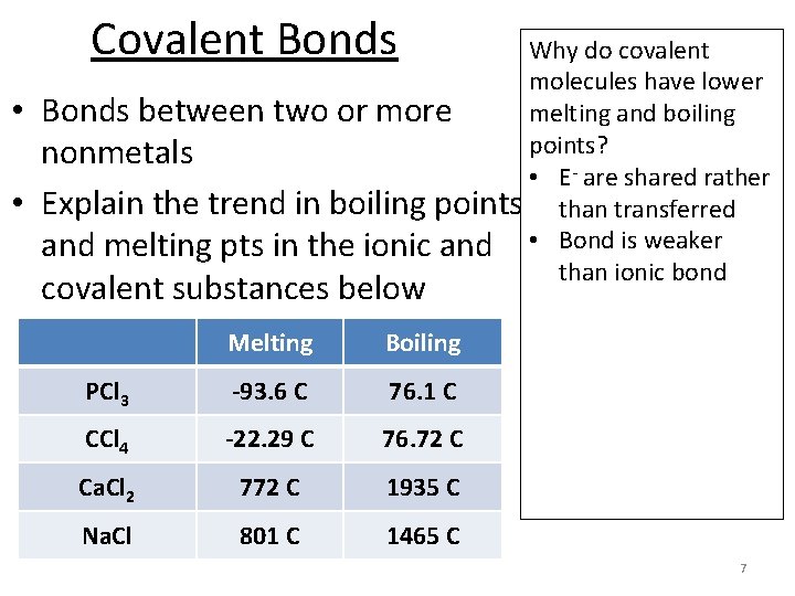 Covalent Bonds • • Why do covalent molecules have lower Bonds between two or