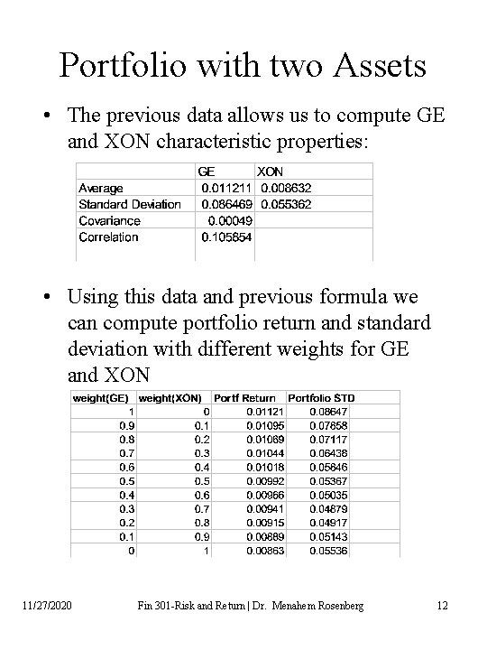Portfolio with two Assets • The previous data allows us to compute GE and