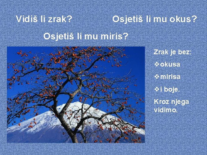 Vidiš li zrak? Osjetiš li mu okus? Osjetiš li mu miris? Zrak je bez: