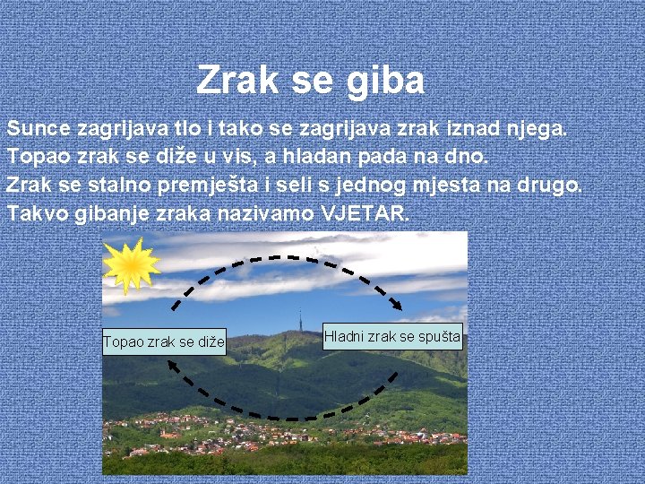 Zrak se giba Sunce zagrijava tlo i tako se zagrijava zrak iznad njega. Topao