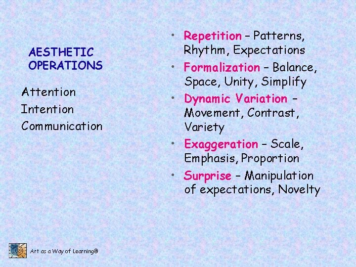 AESTHETIC OPERATIONS Attention Intention Communication Art as a Way of Learning® • Repetition –