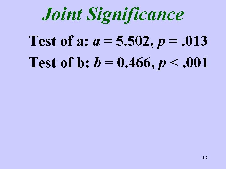Joint Significance Test of a: a = 5. 502, p =. 013 Test of