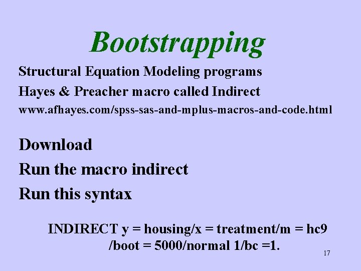 Bootstrapping Structural Equation Modeling programs Hayes & Preacher macro called Indirect www. afhayes. com/spss-sas-and-mplus-macros-and-code.