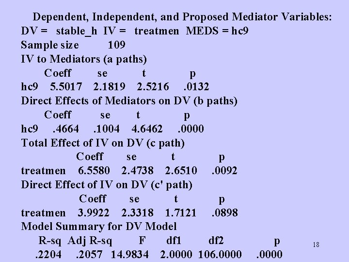  Dependent, Independent, and Proposed Mediator Variables: DV = stable_h IV = treatmen MEDS