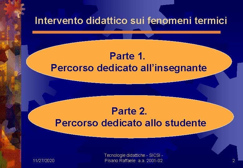  Intervento didattico sui fenomeni termici Parte 1. Percorso dedicato all’insegnante Parte 2. Percorso