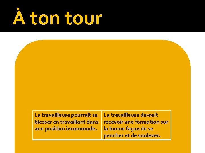 À ton tour La travailleuse pourrait se La travailleuse devrait blesser en travaillant dans