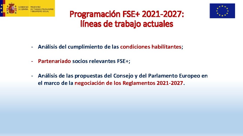 Programación FSE+ 2021 -2027: líneas de trabajo actuales - Análisis del cumplimiento de las