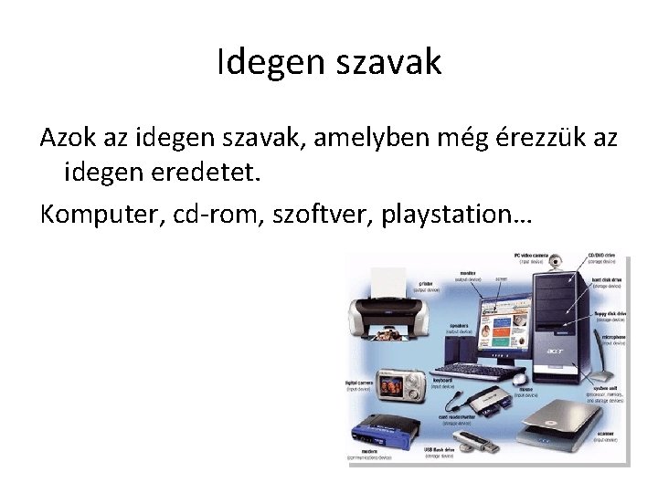 Idegen szavak Azok az idegen szavak, amelyben még érezzük az idegen eredetet. Komputer, cd-rom,