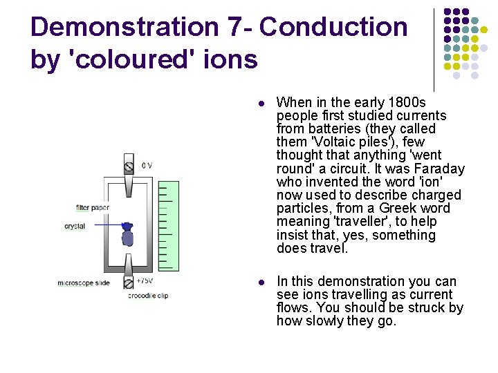 Demonstration 7 - Conduction by 'coloured' ions l When in the early 1800 s Demonstration 7 - Conduction by 'coloured' ions l When in the early 1800 s