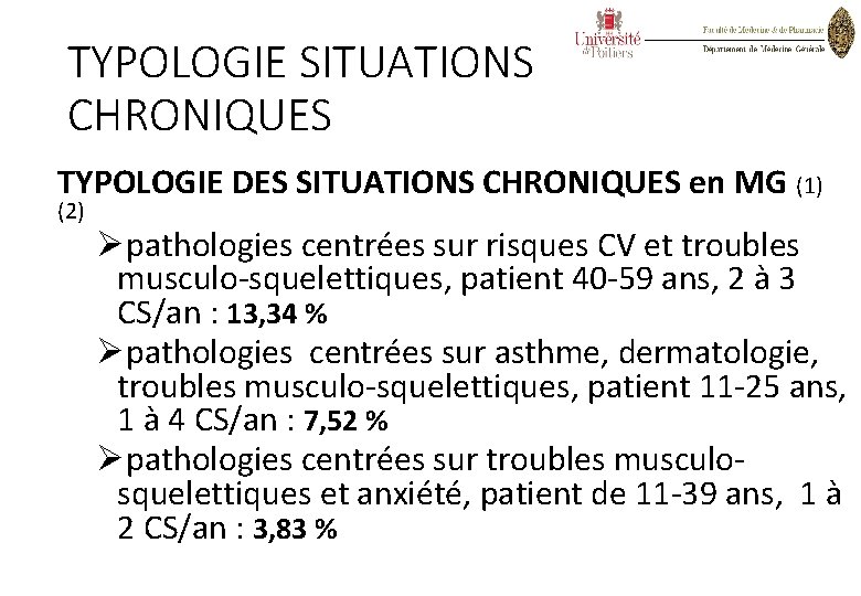 TYPOLOGIE SITUATIONS CHRONIQUES TYPOLOGIE DES SITUATIONS CHRONIQUES en MG (1) (2) Øpathologies centrées sur