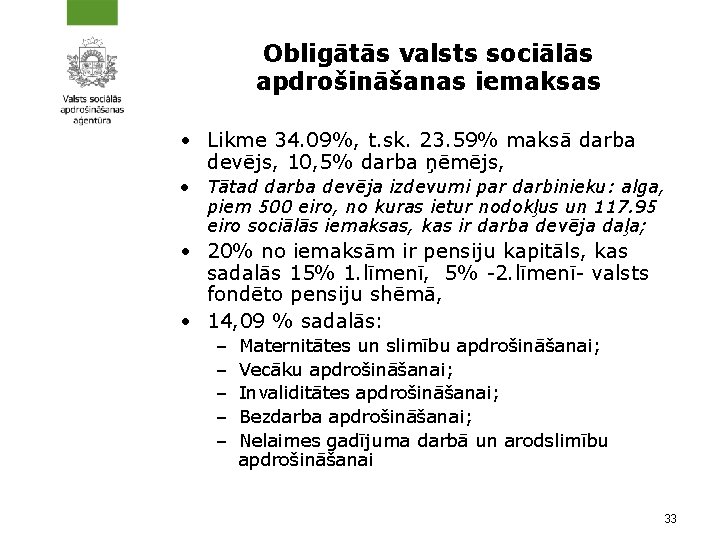 Obligātās valsts sociālās apdrošināšanas iemaksas • Likme 34. 09%, t. sk. 23. 59% maksā
