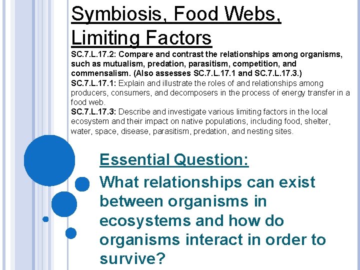 Symbiosis, Food Webs, Limiting Factors SC. 7. L. 17. 2: Compare and contrast the