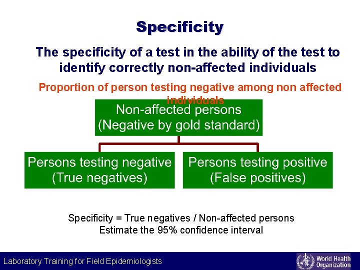 Specificity The specificity of a test in the ability of the test to identify