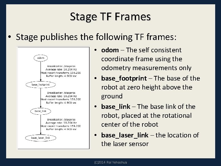 Stage TF Frames • Stage publishes the following TF frames: • odom – The