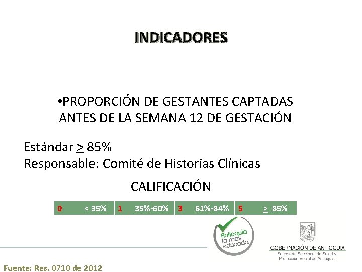 INDICADORES • PROPORCIÓN DE GESTANTES CAPTADAS ANTES DE LA SEMANA 12 DE GESTACIÓN Estándar