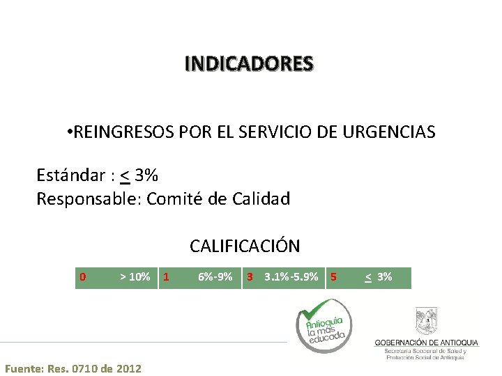 INDICADORES • REINGRESOS POR EL SERVICIO DE URGENCIAS Estándar : < 3% Responsable: Comité