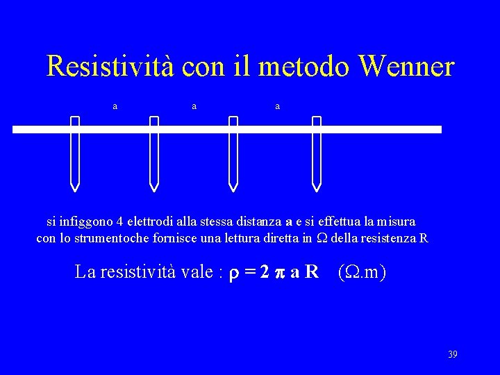 Resistività con il metodo Wenner a a a si infiggono 4 elettrodi alla stessa