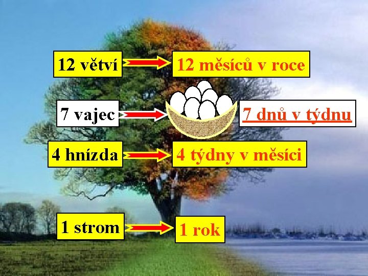 12 větví 12 měsíců v roce 7 vajec 4 hnízda 1 strom 7 dnů