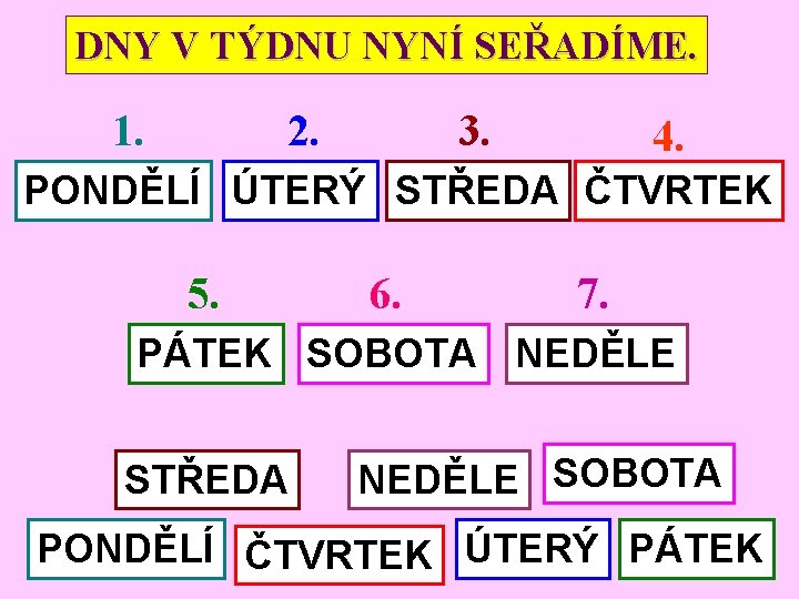 DNY V TÝDNU NYNÍ SEŘADÍME. 1. 2. 3. 4. PONDĚLÍ ÚTERÝ STŘEDA ČTVRTEK 5.