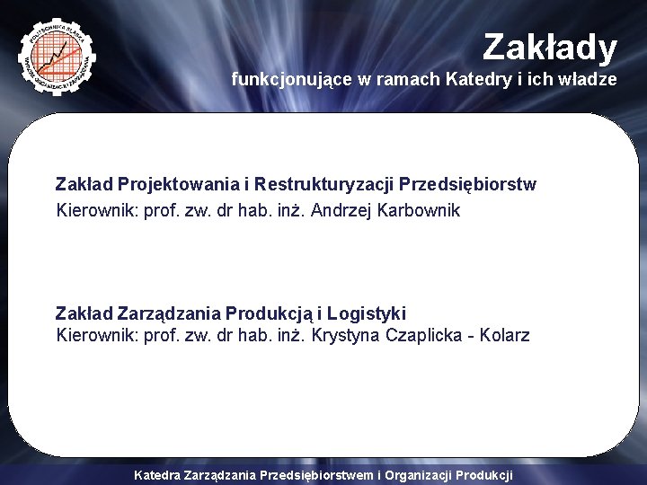 Zakłady funkcjonujące w ramach Katedry i ich władze Zakład Projektowania i Restrukturyzacji Przedsiębiorstw Kierownik: