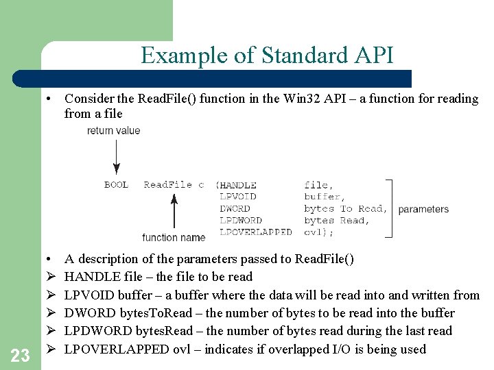 Example of Standard API • Consider the Read. File() function in the Win 32