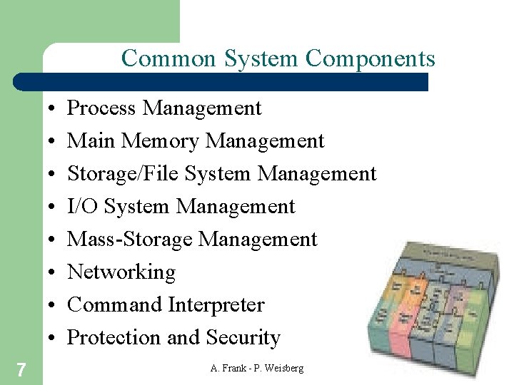 Common System Components • • 7 Process Management Main Memory Management Storage/File System Management